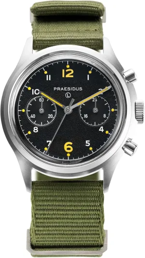  - Men's Military Chronograph Watch, 38mm, Yellow Indexes, Black Dial, Stainless Steel Bonklip/Leather/Canvas Bracelet
