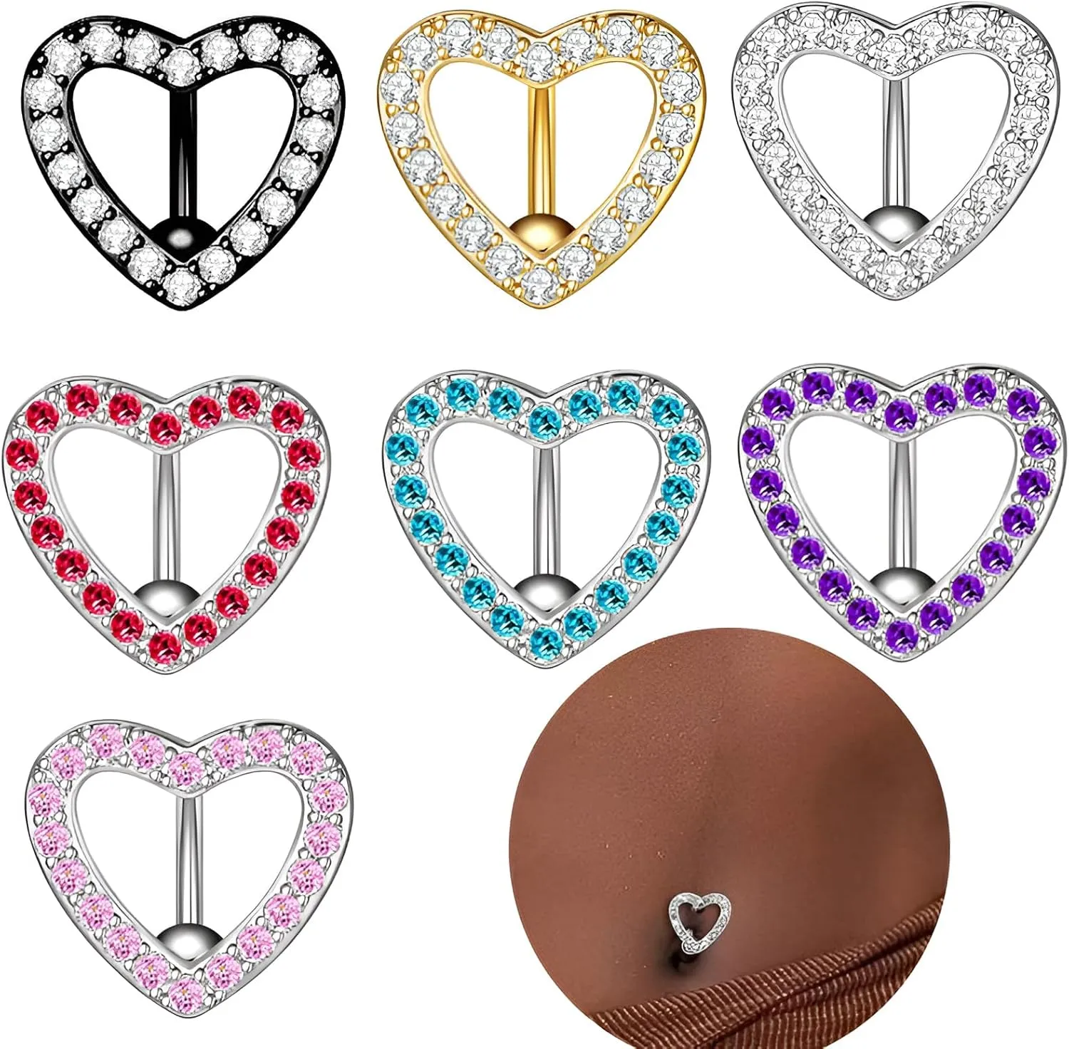 1 PC 14G Silver Love Heart Belly Button Rings with Clear Zircon Stainless steel Navel Reverse Hinged Hypoallergenic Piercing Jewelry for Women