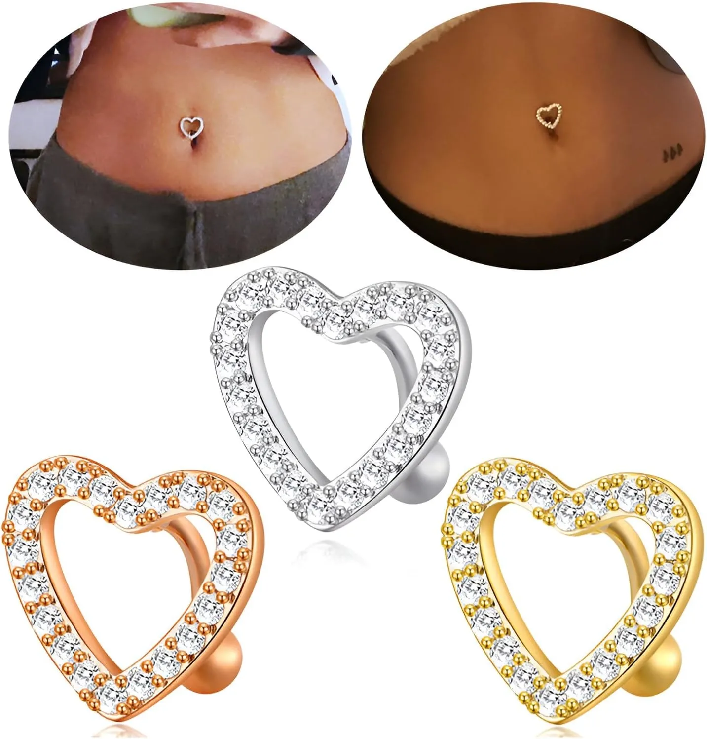 1 PC 14G Silver Love Heart Belly Button Rings with Clear Zircon Stainless steel Navel Reverse Hinged Hypoallergenic Piercing Jewelry for Women