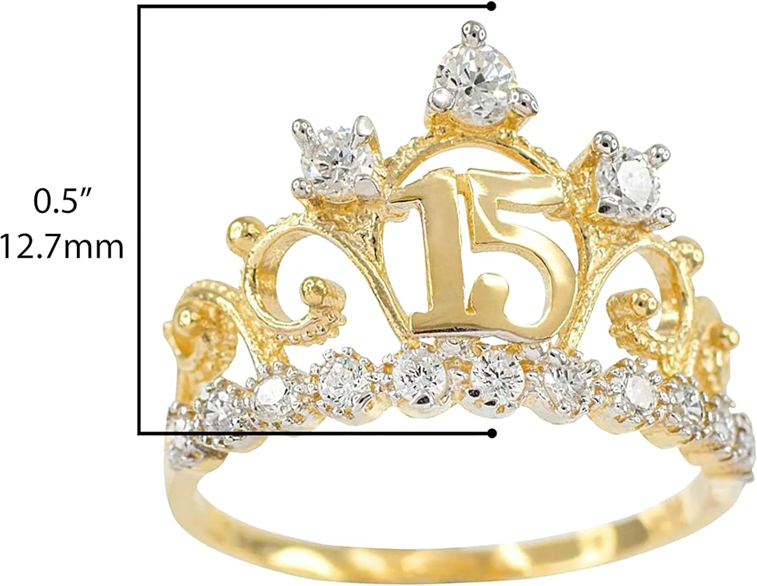 10K Yellow Gold Cubic Zirconia Tiara Sweet 15 Aos Quinceanera Crown Ring