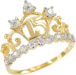 10K Yellow Gold Cubic Zirconia Tiara Sweet 15 Aos Quinceanera Crown Ring
