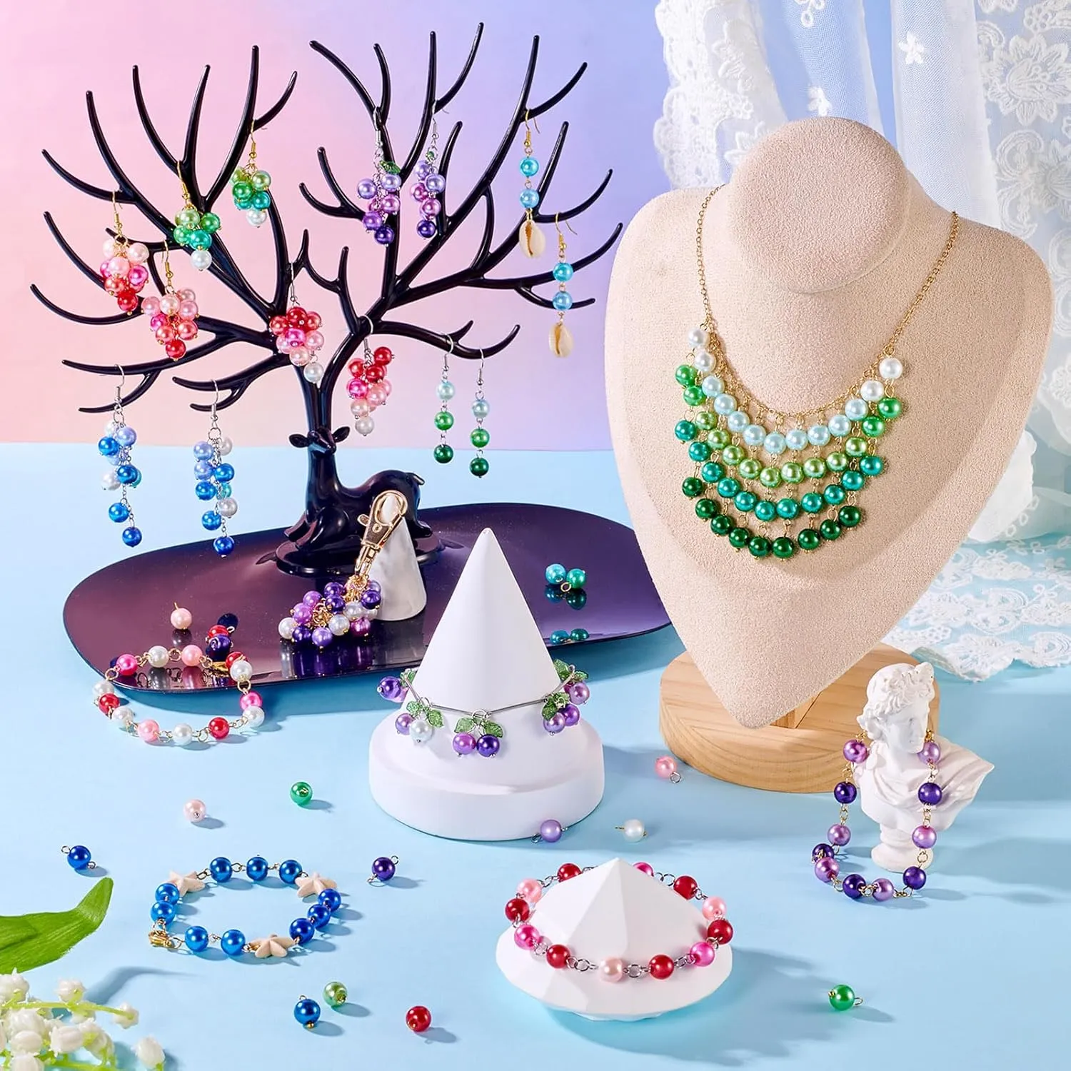 120 Pcs Round Glass Pearl Links Pendants Bracelets Necklace Earring Dangle Charms with Double Loops 12-13mm/13-14mm for Ocean Summer Jewelry Making Crafts