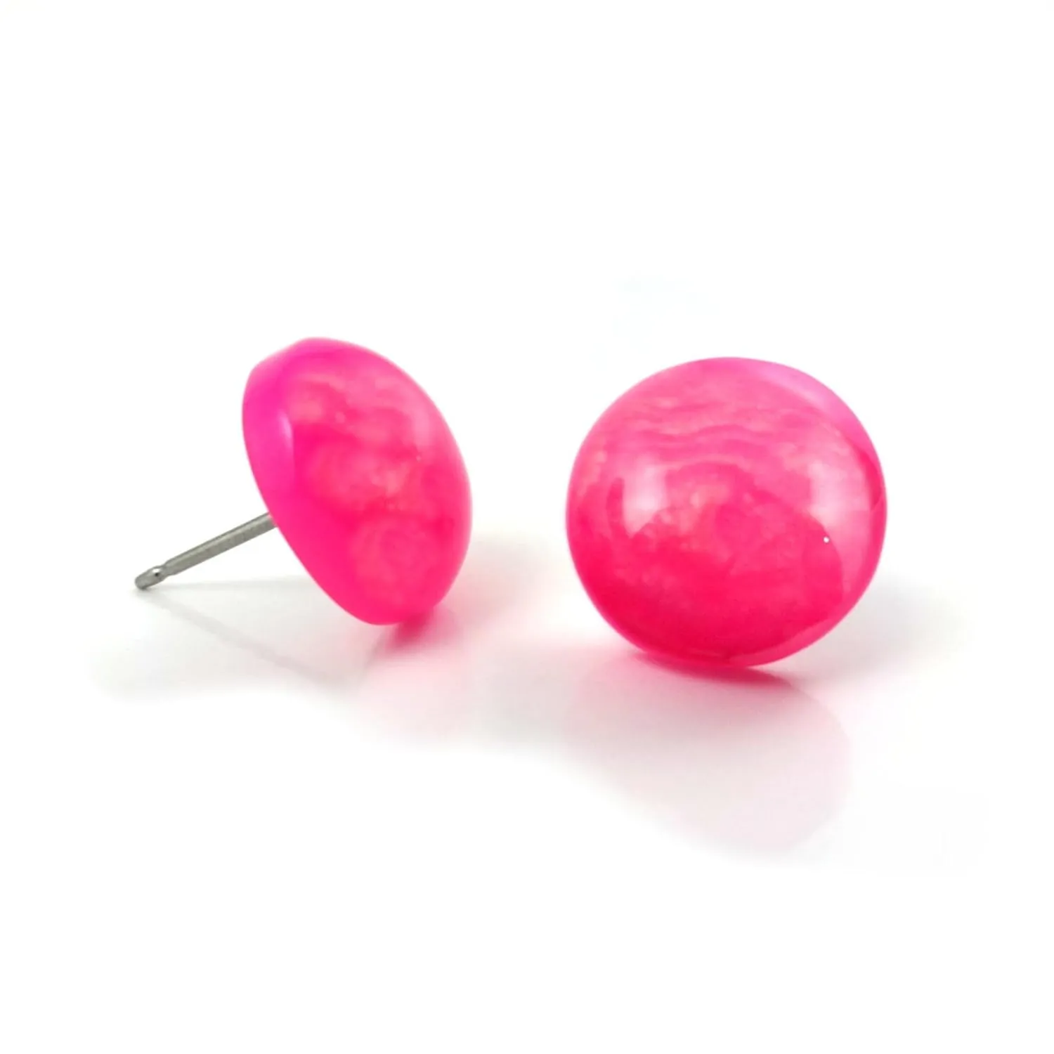 12mm Resin Pearl Glitter Swirl Stud Earrings with Titanium or Stainless Steel Posts for Sensitive Ears - Hypoallergenic and Nickel Free (Hot Pink)