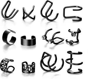 12PCS Ear Cuffs Set for Women Non Piercing Cuff Earrings Sparking Adjustable Helix Wrap Earrings Set Clip on Cartilage
