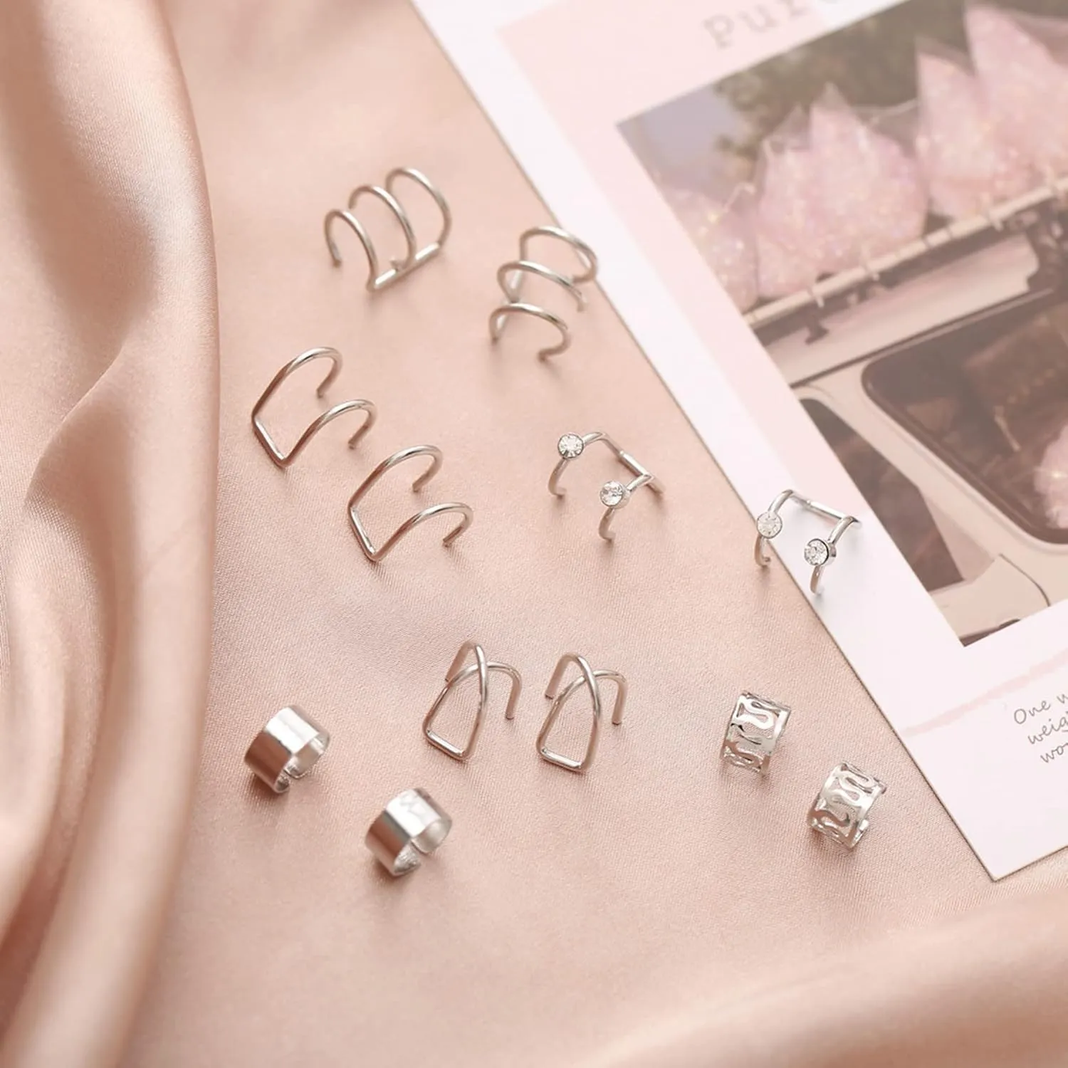 12PCS Ear Cuffs Set for Women Non Piercing Cuff Earrings Sparking Adjustable Helix Wrap Earrings Set Clip on Cartilage