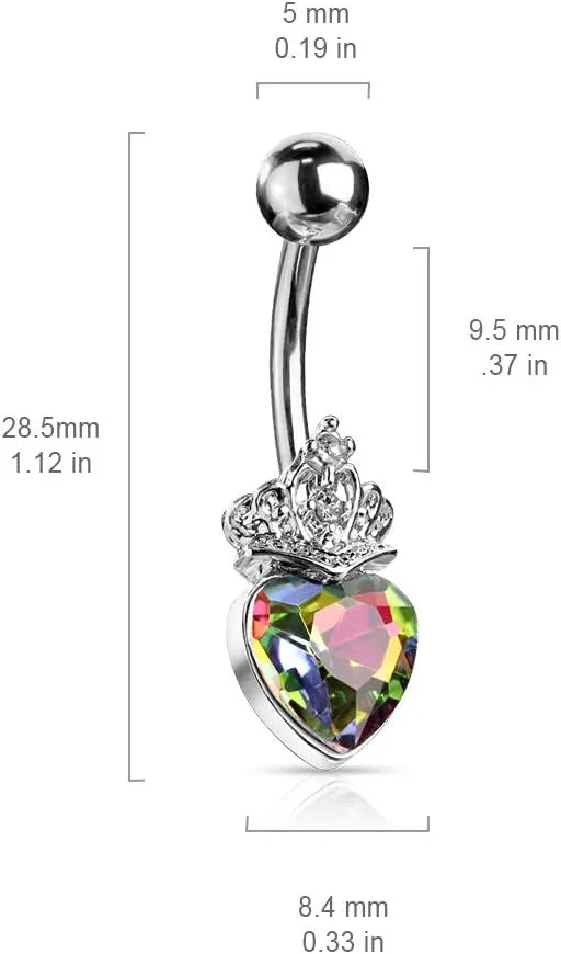 14GA Heart Crystal and Crystal Set Tiara Belly Button/Navel Ring 316L Surgical Steel (Choose Color)