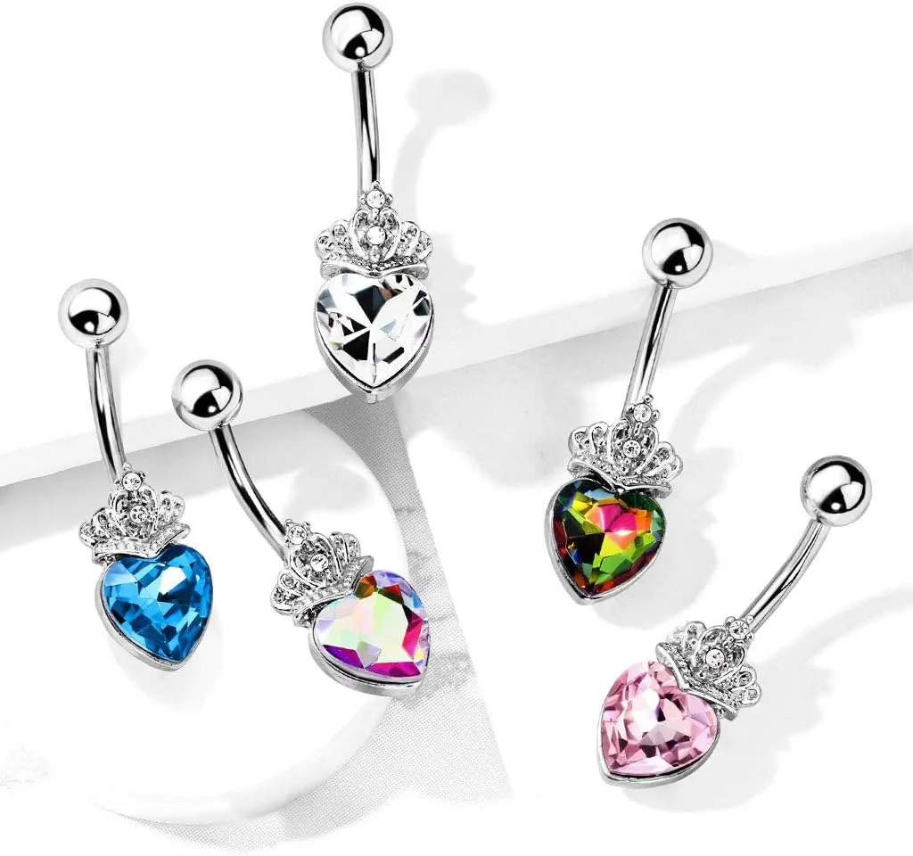14GA Heart Crystal and Crystal Set Tiara Belly Button/Navel Ring 316L Surgical Steel (Choose Color)