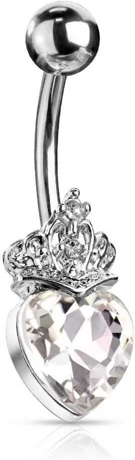 14GA Heart Crystal and Crystal Set Tiara Belly Button/Navel Ring 316L Surgical Steel (Choose Color)