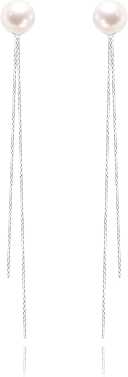14k Gold Plated Sterling Silver Pearl Drop Earrings for Women Long Chain Dangle Earrings Jewelry for Wedding bridesmaids