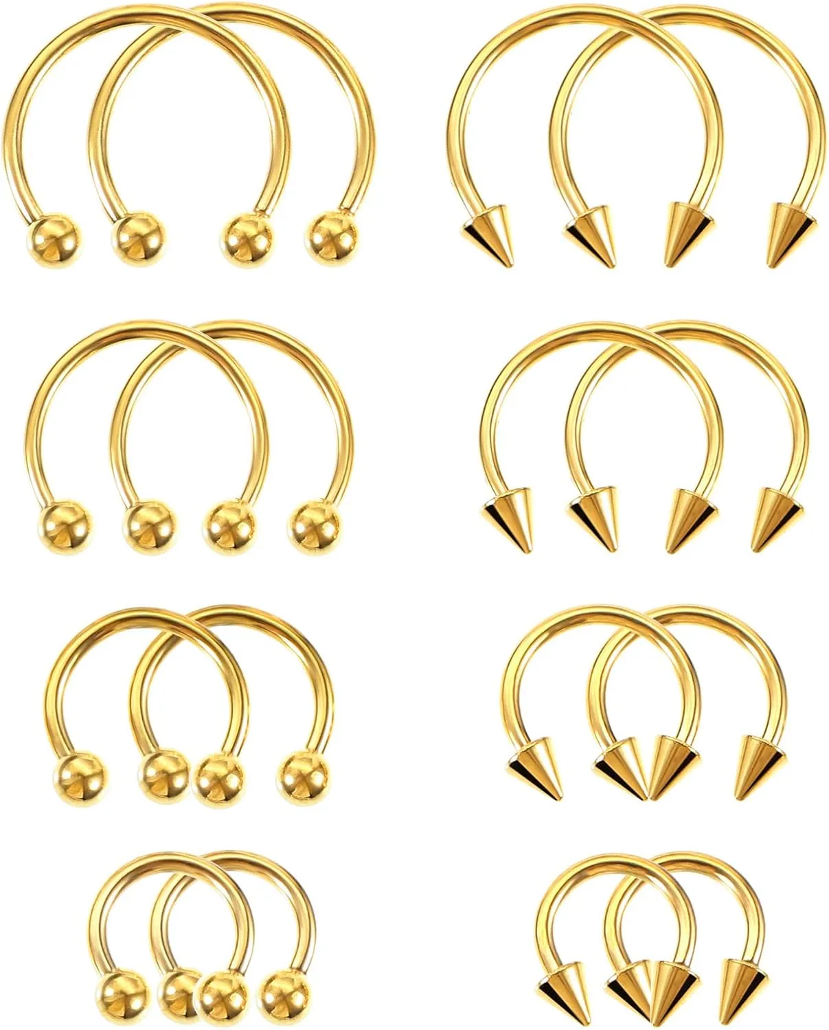 16 Pcs Gold Septum Rings, Stainless Steel Nose Ring/Horseshoe Rings/Nose/Ear/Lip Piercing, 6-12mm Horseshoe & Ball Closure Ring for Women Men