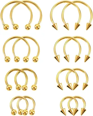 16 Pcs Gold Septum Rings, Stainless Steel Nose Ring/Horseshoe Rings/Nose/Ear/Lip Piercing, 6-12mm Horseshoe & Ball Closure Ring for Women Men