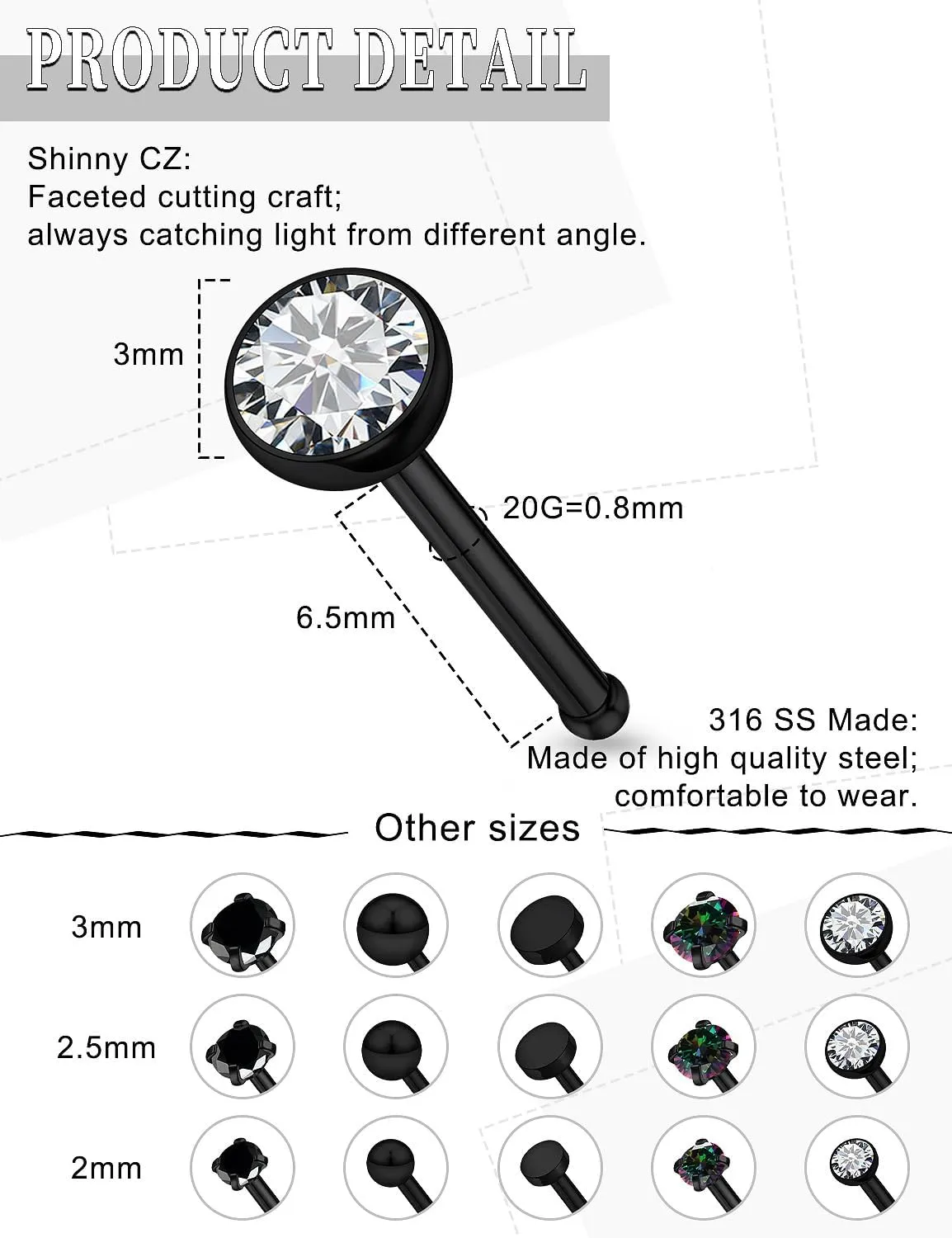 18G 20G Nose Rings Studs Piercing Jewelry for Women 316L Surgical Steel L Shaped Screw Straight Nose Rings Studs Hypoallergenic Nostril Piercing Jewelry for Women Men CZ 2mm 2.5mm 3mm