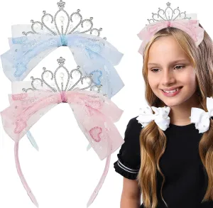 2 PACK Crystal Rhinestone Princess Tiara, Cute Tulle Bow Tiaras Birthday Headband Elegant Crown for Women Girls Bridal Wedding Prom Birthday Party