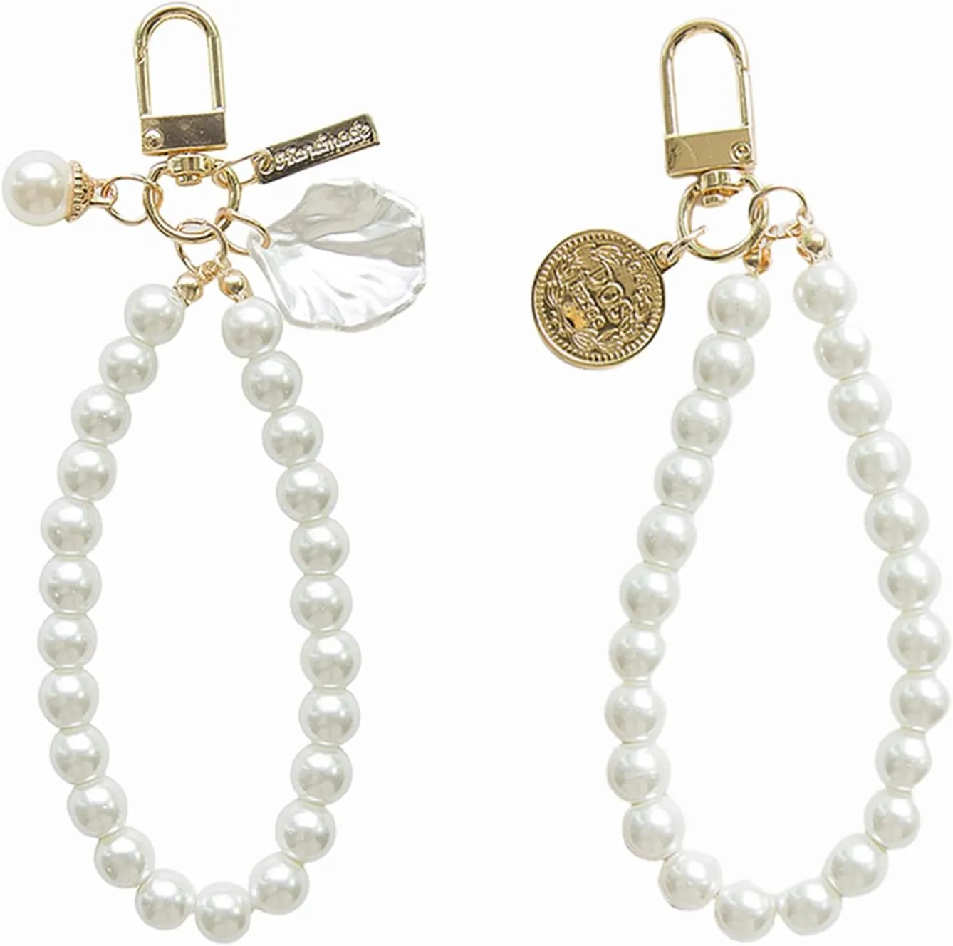 2 PCS Graceful Pearl Keychain Bracelet - Stylish Beaded Key Ring with Shell and Charm Pendants Perfect for Women??s Handbag Purse and Car Keys