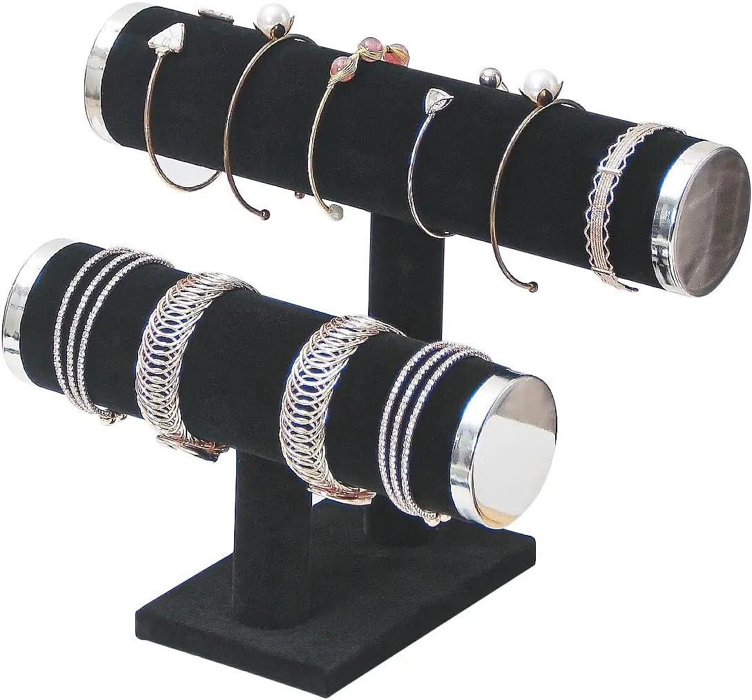 2 Tier Bracelet Holder Stand, Bangle Watches Display, Velvet Bracelet Jewelry Storage Organizer Rack, Hairband Scrunchie Show Tower Shop Selling or Home Use (Black)