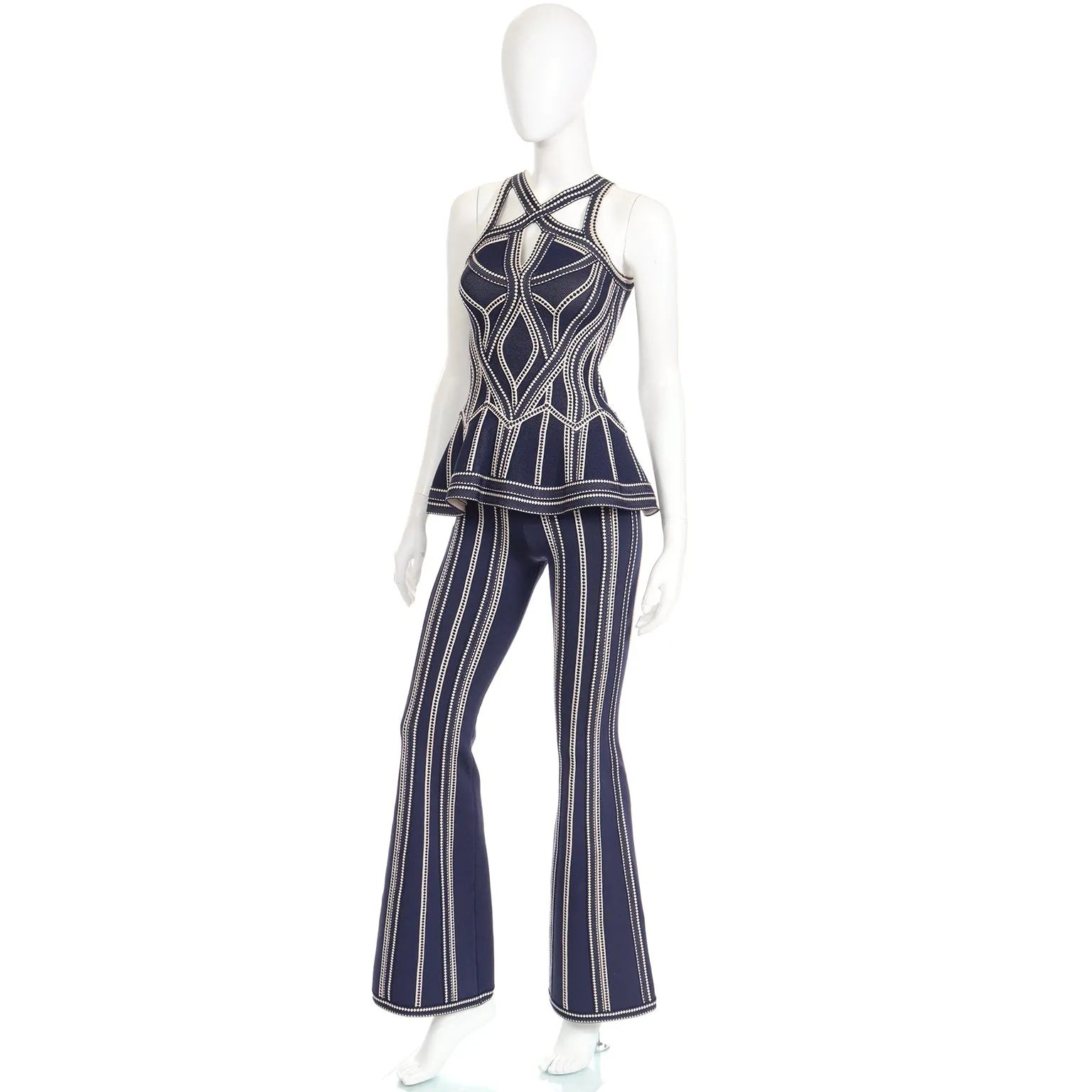 2016 Herve Leger Runway Bodycon Cutout Top and Flared Pants Outfit
