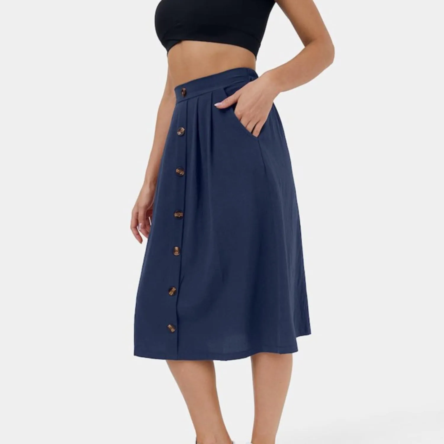 2023 Women Casual Skirts Frill Tie Waist A Line Midi Skirt with Pockets Sparkly Skirts