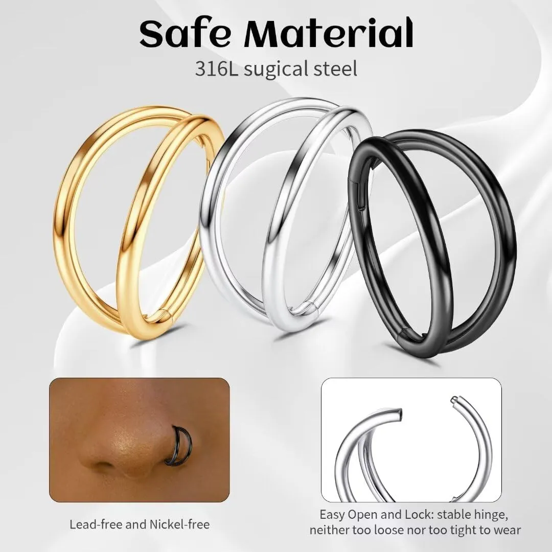 20G 18G 16G 14G Hoop Nose Rings: 7mm 8mm 9mm 10mm 12mm 2 Pcs Surgical Steel Septum Rings Clicker for Lip Cartilage Helix Tragus Conch Rook Daith Lobe Seamless Hoop Unisex Hinged Body Piercing Jewelry