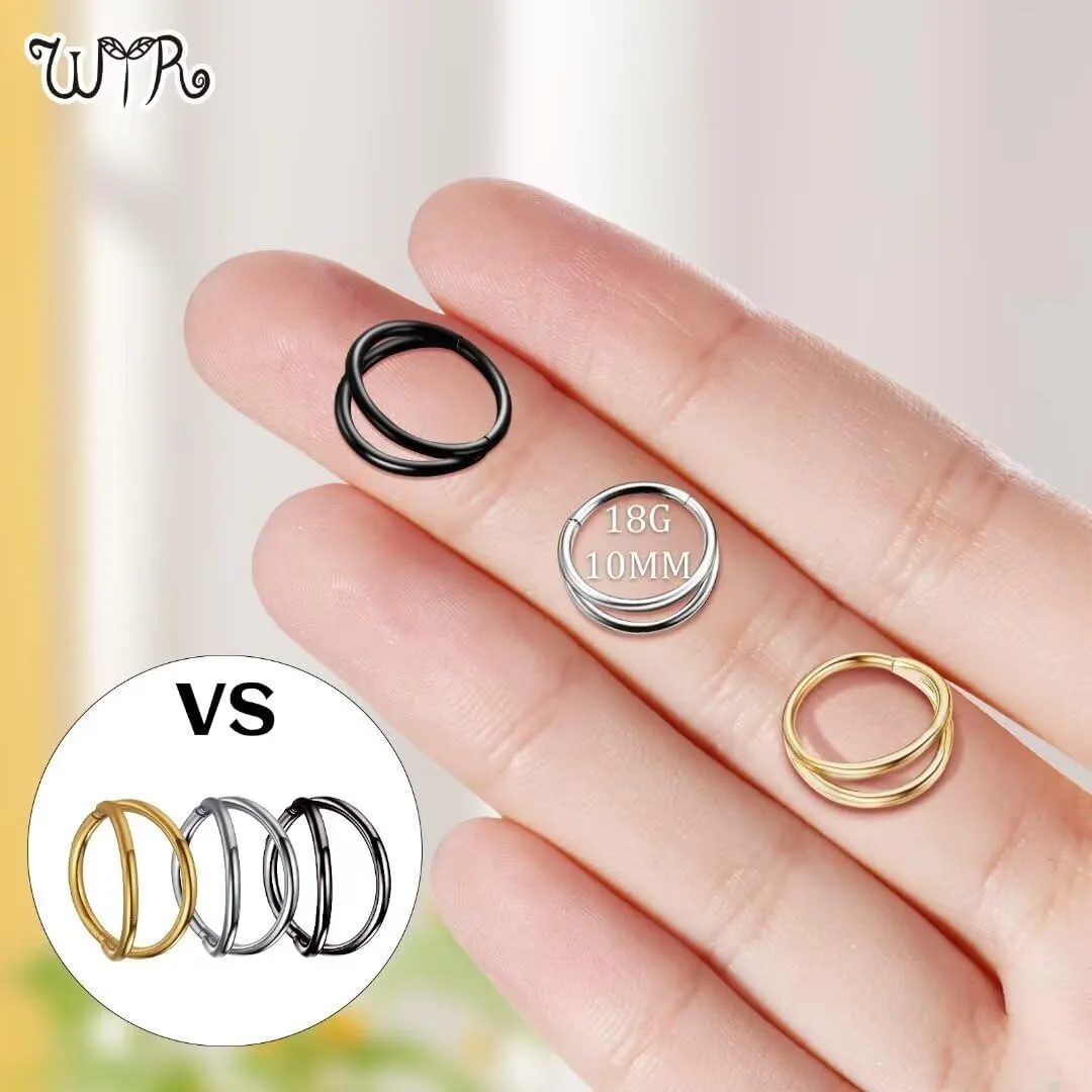 20G 18G 16G 14G Hoop Nose Rings: 7mm 8mm 9mm 10mm 12mm 2 Pcs Surgical Steel Septum Rings Clicker for Lip Cartilage Helix Tragus Conch Rook Daith Lobe Seamless Hoop Unisex Hinged Body Piercing Jewelry