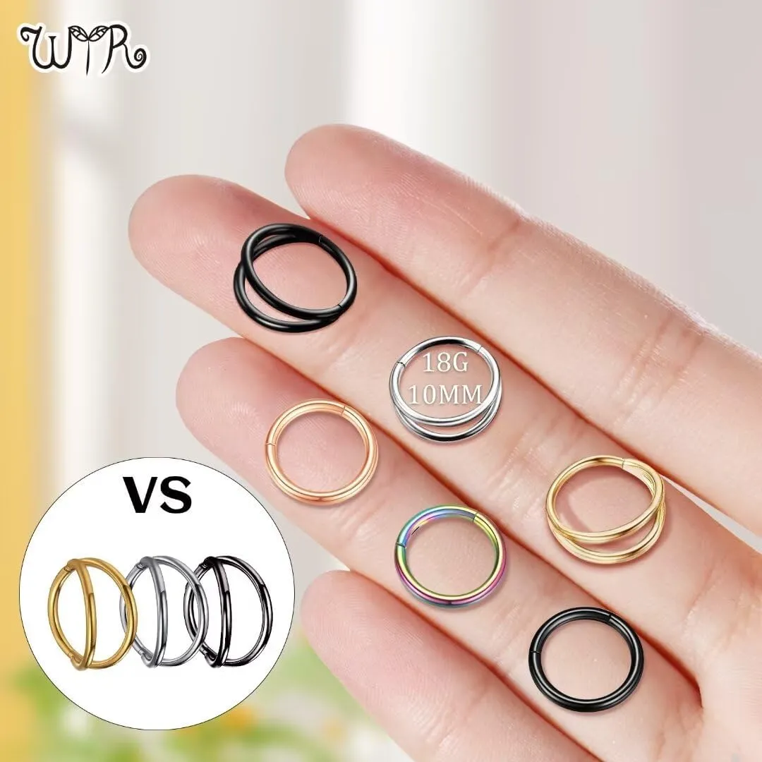 20G 18G 16G 14G Hoop Nose Rings: 7mm 8mm 9mm 10mm 12mm 2 Pcs Surgical Steel Septum Rings Clicker for Lip Cartilage Helix Tragus Conch Rook Daith Lobe Seamless Hoop Unisex Hinged Body Piercing Jewelry