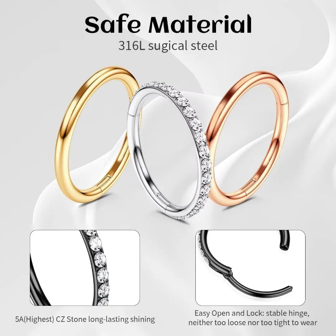 20G 18G 16G 14G Hoop Nose Rings: 7mm 8mm 9mm 10mm 12mm 2 Pcs Surgical Steel Septum Rings Clicker for Lip Cartilage Helix Tragus Conch Rook Daith Lobe Seamless Hoop Unisex Hinged Body Piercing Jewelry