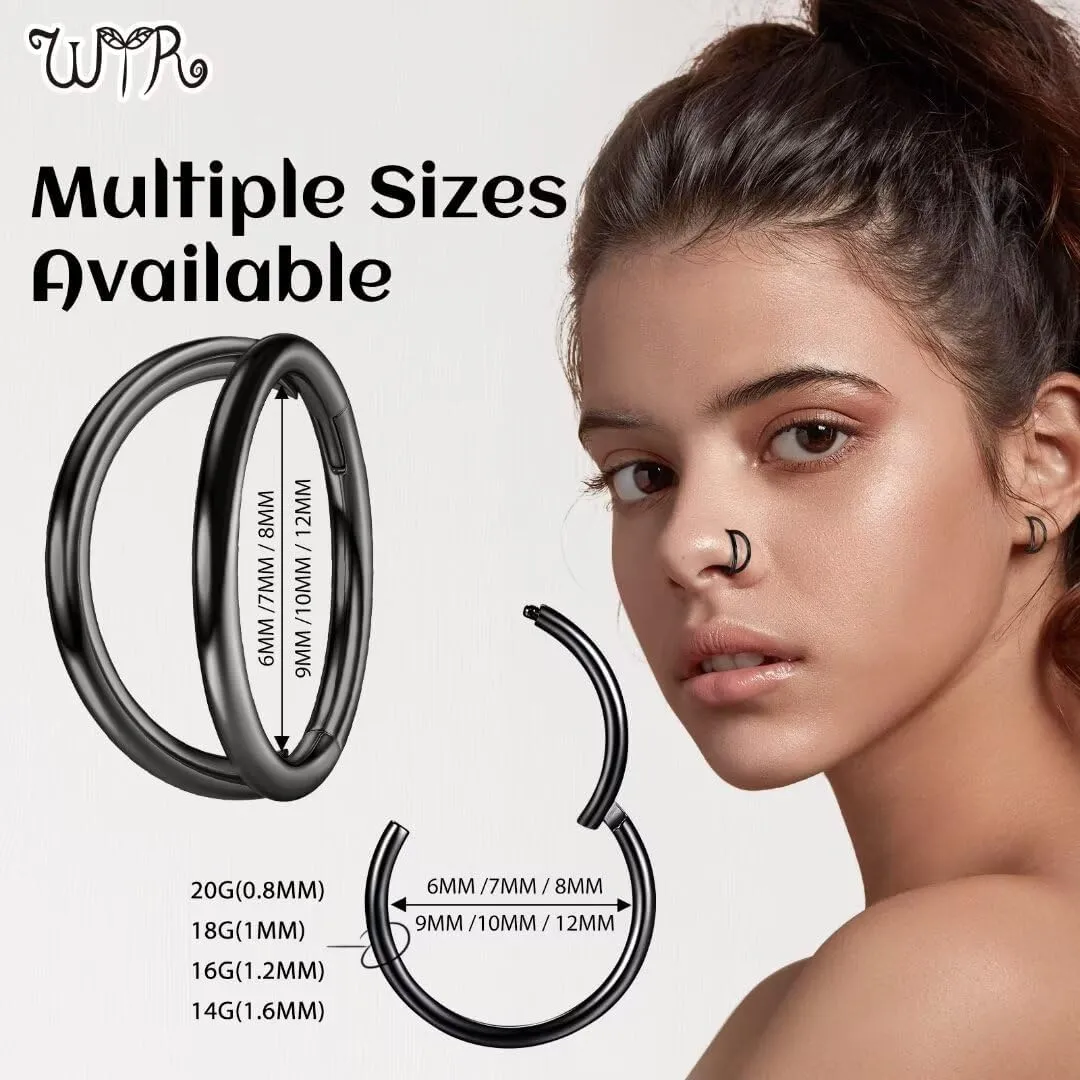 20G 18G 16G 14G Hoop Nose Rings: 7mm 8mm 9mm 10mm 12mm 2 Pcs Surgical Steel Septum Rings Clicker for Lip Cartilage Helix Tragus Conch Rook Daith Lobe Seamless Hoop Unisex Hinged Body Piercing Jewelry