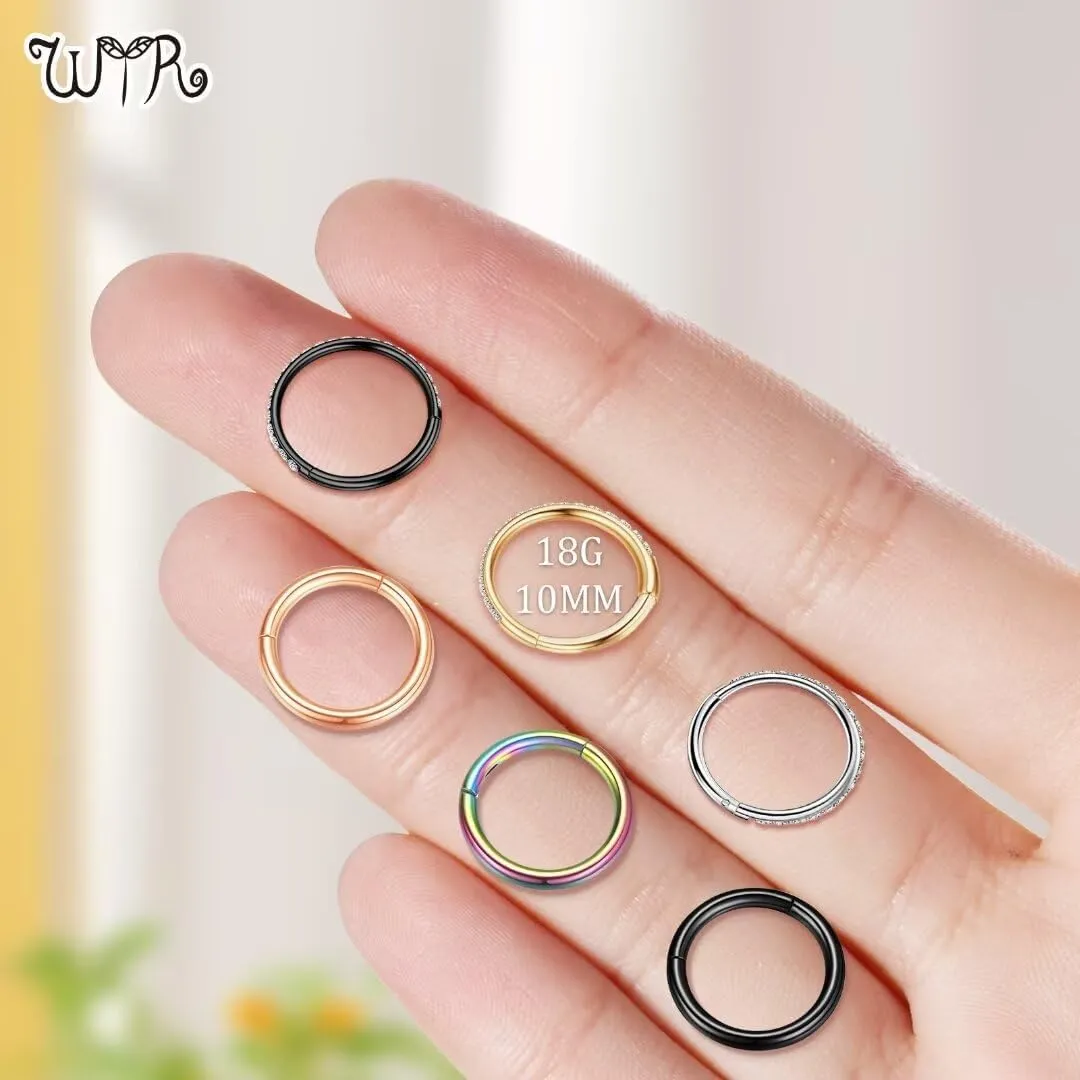 20G 18G 16G 14G Hoop Nose Rings: 7mm 8mm 9mm 10mm 12mm 2 Pcs Surgical Steel Septum Rings Clicker for Lip Cartilage Helix Tragus Conch Rook Daith Lobe Seamless Hoop Unisex Hinged Body Piercing Jewelry