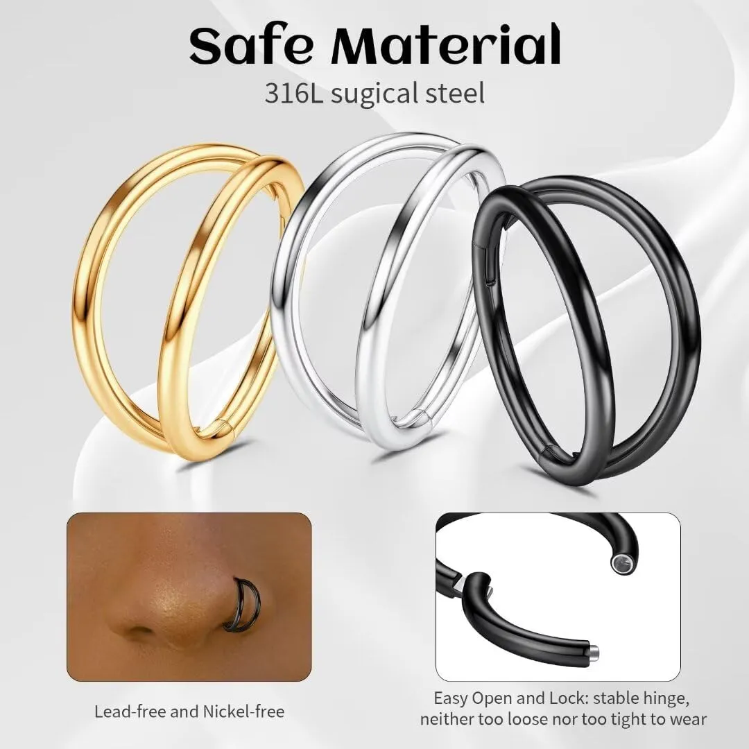 20G 18G 16G 14G Hoop Nose Rings: 7mm 8mm 9mm 10mm 12mm 2 Pcs Surgical Steel Septum Rings Clicker for Lip Cartilage Helix Tragus Conch Rook Daith Lobe Seamless Hoop Unisex Hinged Body Piercing Jewelry