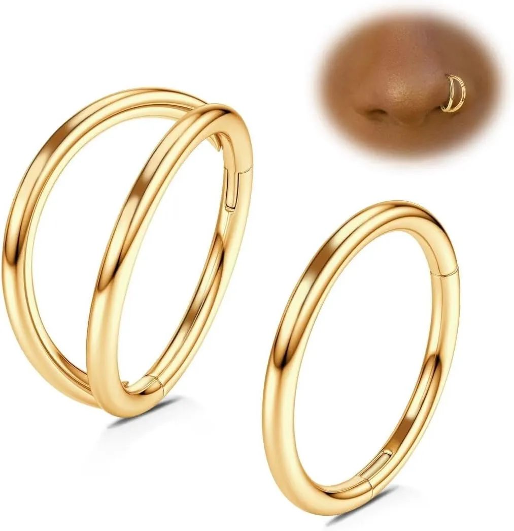 20G 18G 16G 14G Hoop Nose Rings: 7mm 8mm 9mm 10mm 12mm 2 Pcs Surgical Steel Septum Rings Clicker for Lip Cartilage Helix Tragus Conch Rook Daith Lobe Seamless Hoop Unisex Hinged Body Piercing Jewelry