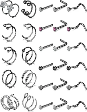 20G Nose Rings 316L Stainless Steel Hoop L Shape Nose Studs Nose Screw Bone Silver Pack for Women Men 38Pcs