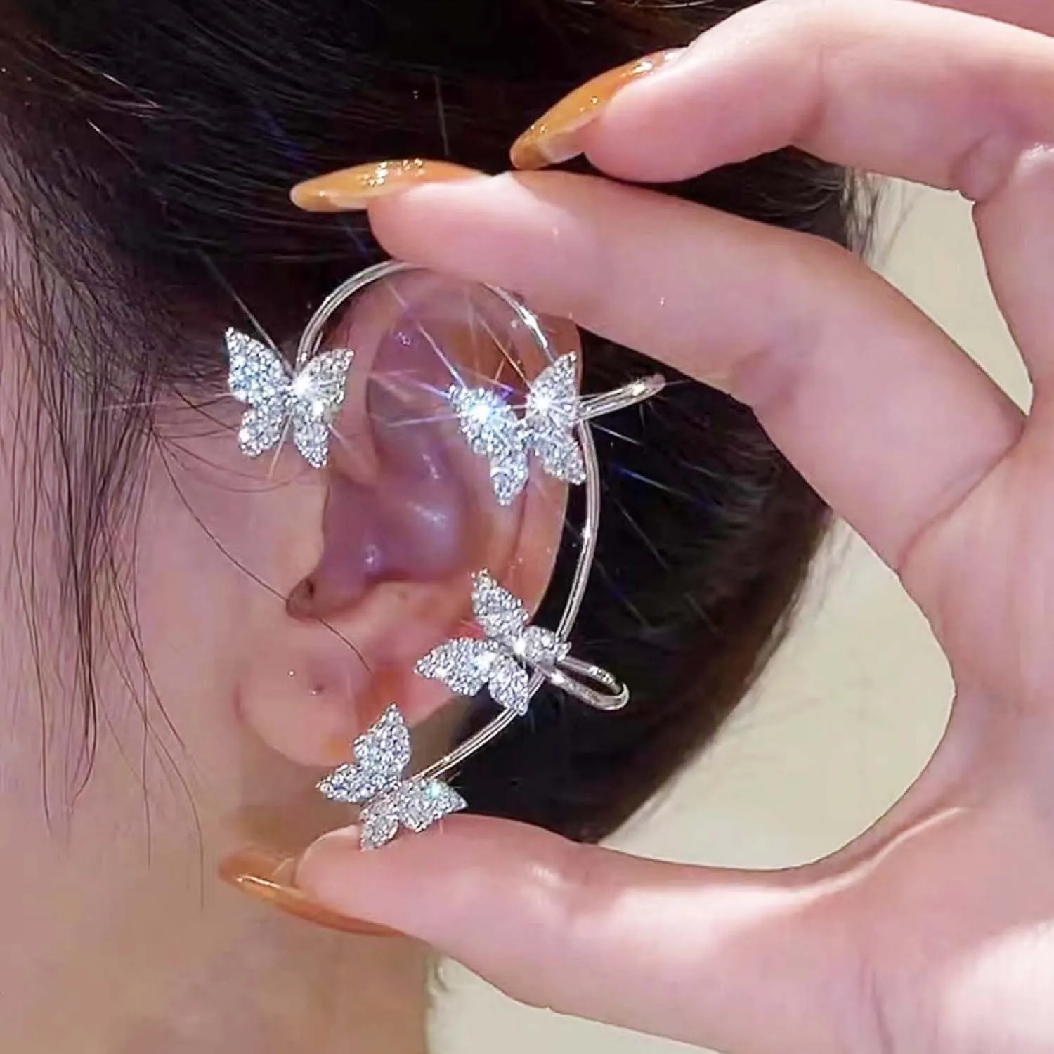 2Pcs Sparkly Rhinestone Butterfly Ear Cuffs - Fairy Crystal Ear Cuffs, Climber Cuff Wrap Around Earrings - Non-Piercing Ear Clip Fake Earrings in Gold and Silver for Women