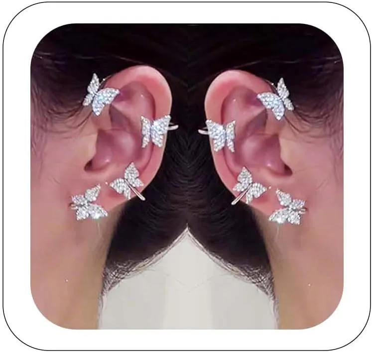 2Pcs Sparkly Rhinestone Butterfly Ear Cuffs - Fairy Crystal Ear Cuffs, Climber Cuff Wrap Around Earrings - Non-Piercing Ear Clip Fake Earrings in Gold and Silver for Women