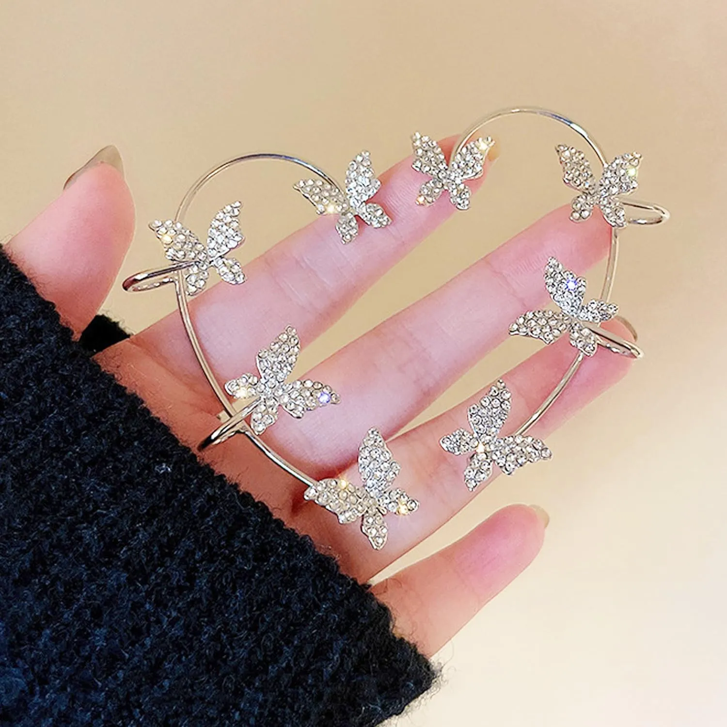 2Pcs Sparkly Rhinestone Butterfly Ear Cuffs - Fairy Crystal Ear Cuffs, Climber Cuff Wrap Around Earrings - Non-Piercing Ear Clip Fake Earrings in Gold and Silver for Women