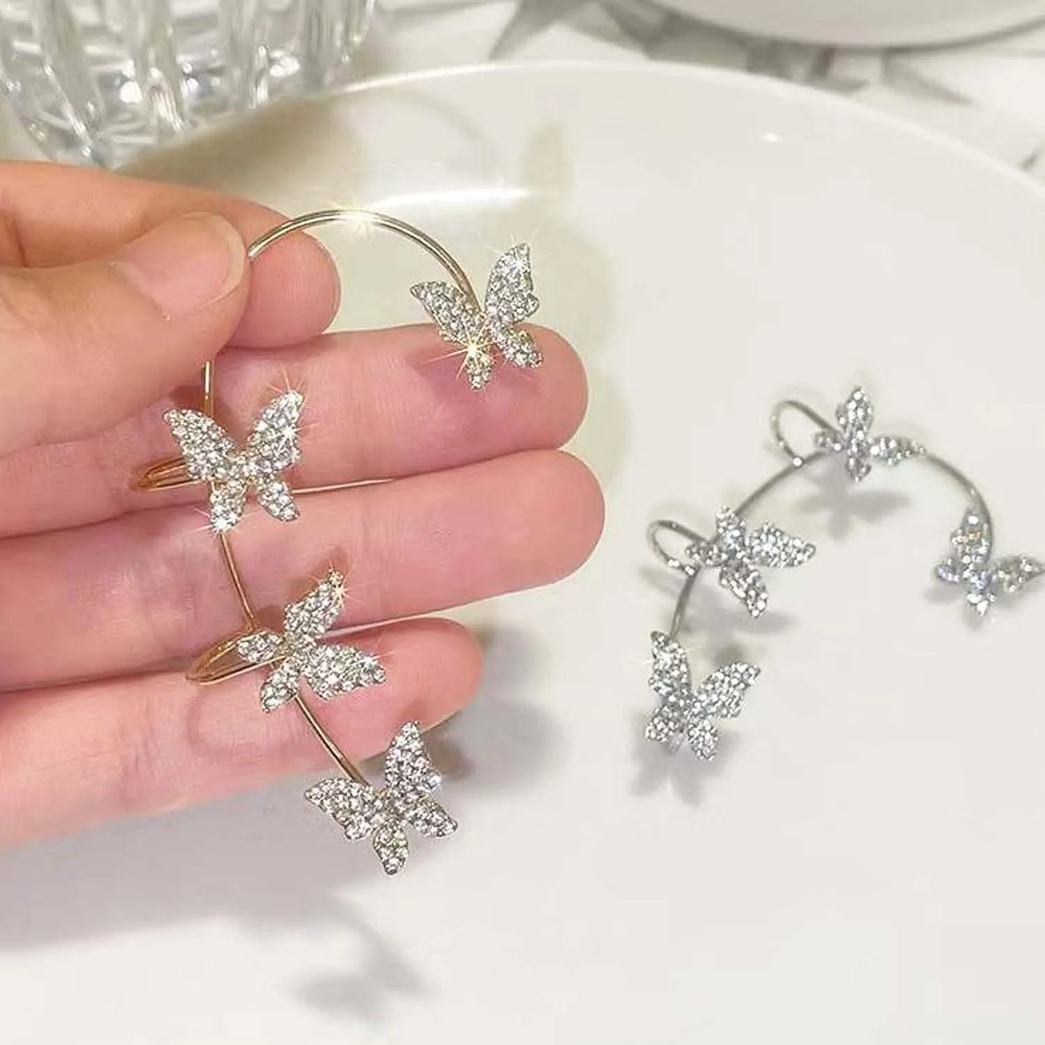 2Pcs Sparkly Rhinestone Butterfly Ear Cuffs - Fairy Crystal Ear Cuffs, Climber Cuff Wrap Around Earrings - Non-Piercing Ear Clip Fake Earrings in Gold and Silver for Women