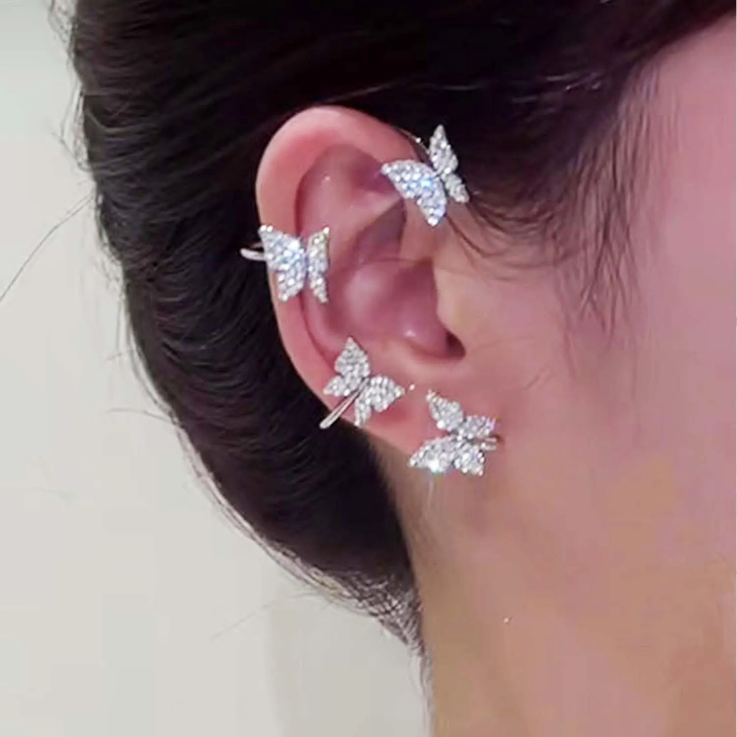 2Pcs Sparkly Rhinestone Butterfly Ear Cuffs - Fairy Crystal Ear Cuffs, Climber Cuff Wrap Around Earrings - Non-Piercing Ear Clip Fake Earrings in Gold and Silver for Women