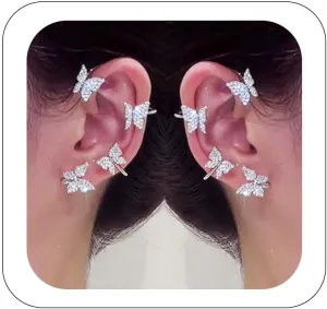 2Pcs Sparkly Rhinestone Butterfly Ear Cuffs - Fairy Crystal Ear Cuffs, Climber Cuff Wrap Around Earrings - Non-Piercing Ear Clip Fake Earrings in Gold and Silver for Women