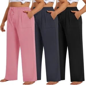3 Pack Plus Size Pants for Women Wide Leg Casual Pant Drawstring Stretchy Waist Trousers with Pockets