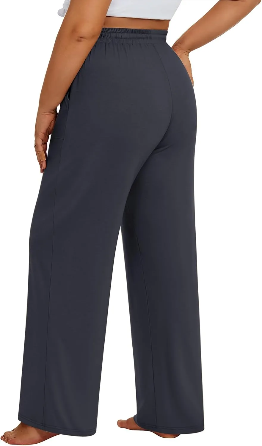 3 Pack Plus Size Pants for Women Wide Leg Casual Pant Drawstring Stretchy Waist Trousers with Pockets