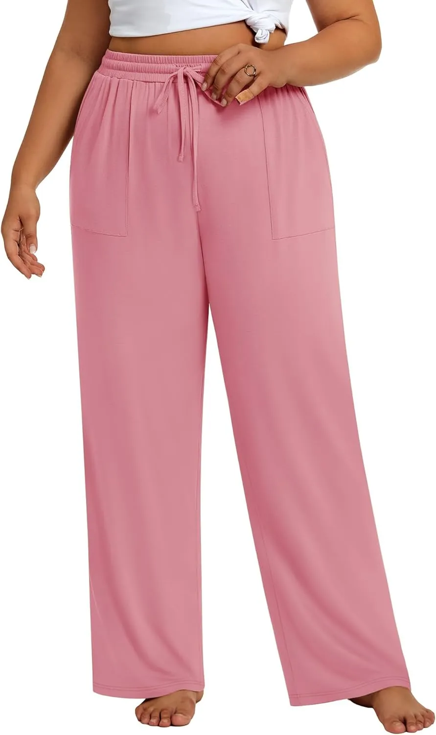 3 Pack Plus Size Pants for Women Wide Leg Casual Pant Drawstring Stretchy Waist Trousers with Pockets