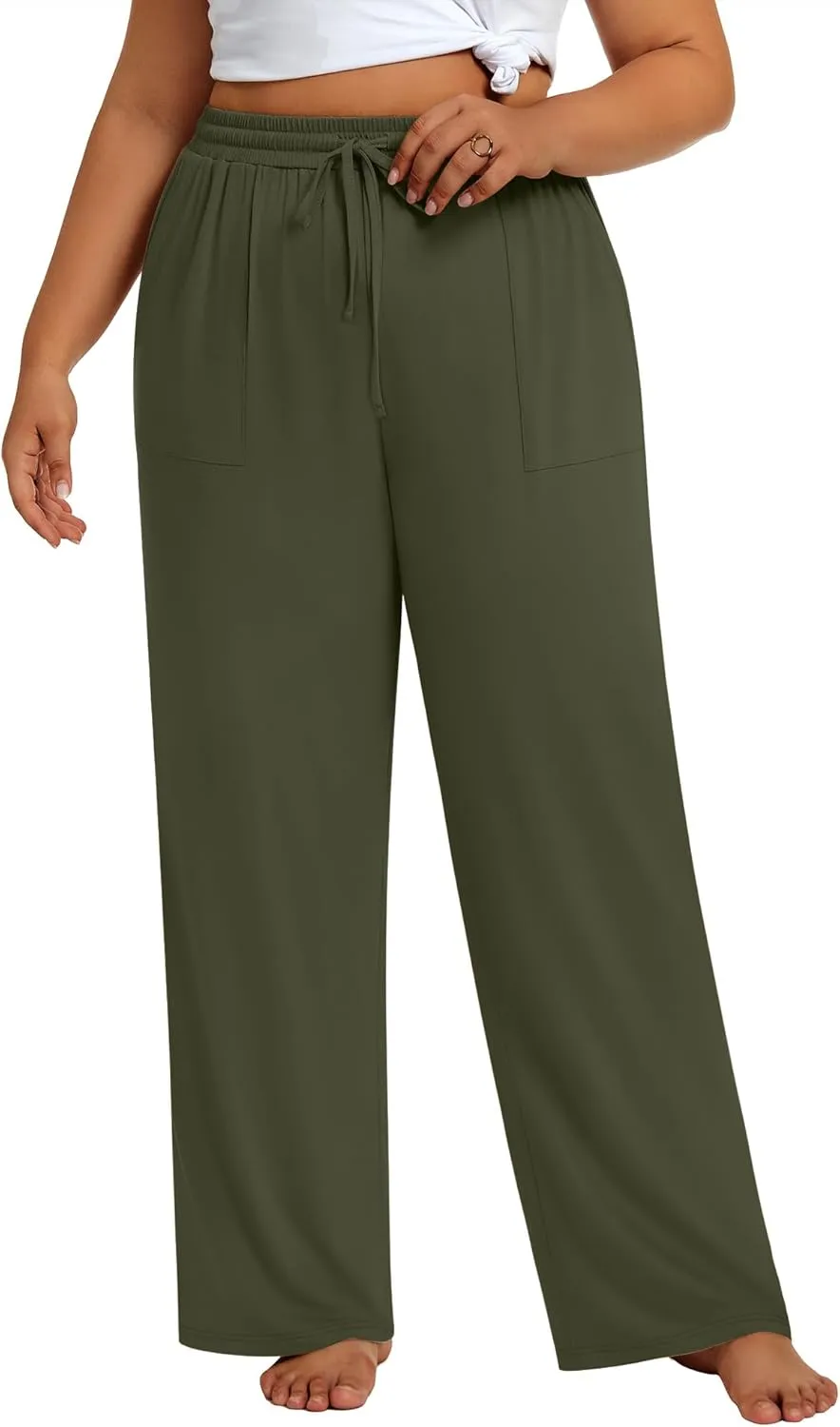 3 Pack Plus Size Pants for Women Wide Leg Casual Pant Drawstring Stretchy Waist Trousers with Pockets