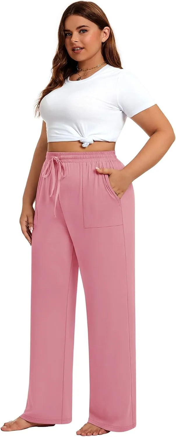 3 Pack Plus Size Pants for Women Wide Leg Casual Pant Drawstring Stretchy Waist Trousers with Pockets