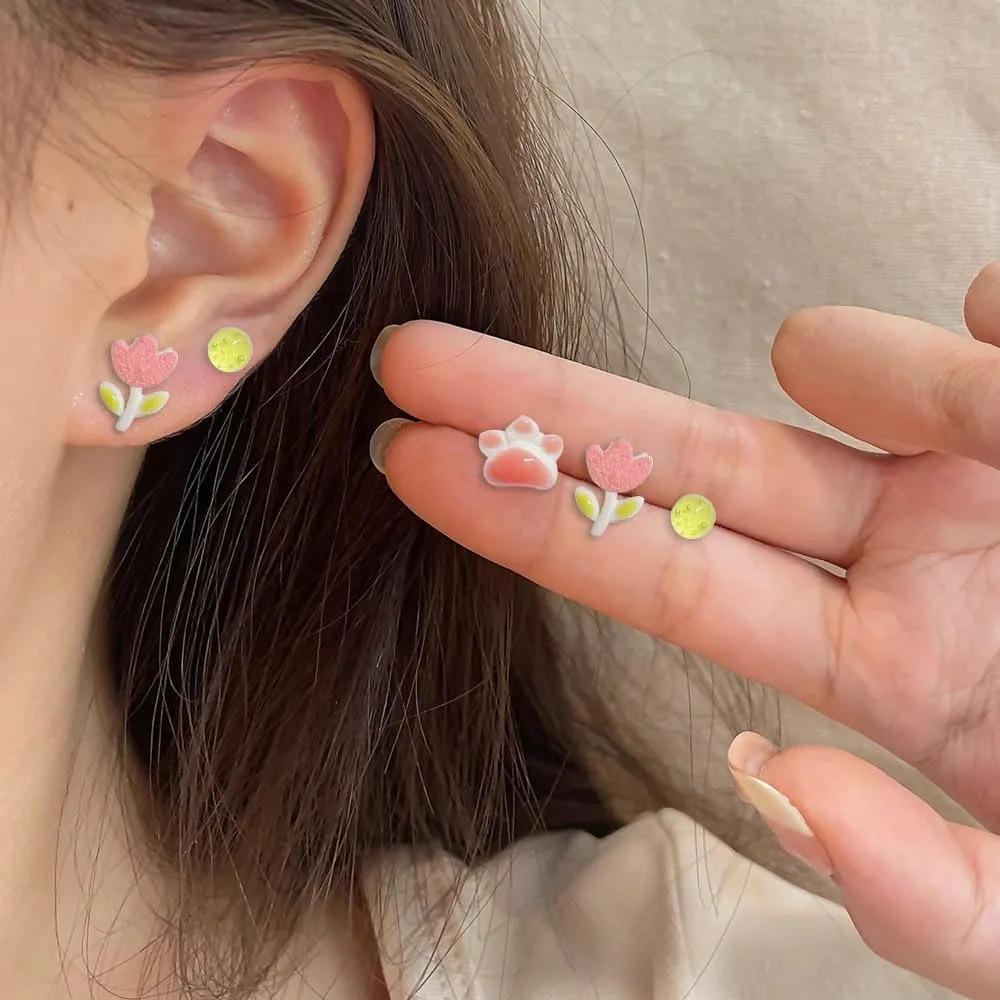 3 Pairs Exquisite Ceramic Resin Studs Set Rabbit Carrot Watermelon Earring Cute Cat's Paw Tulip Windmill Acorn Mushroom Earrings Opal Summer Fresh Stud for Women