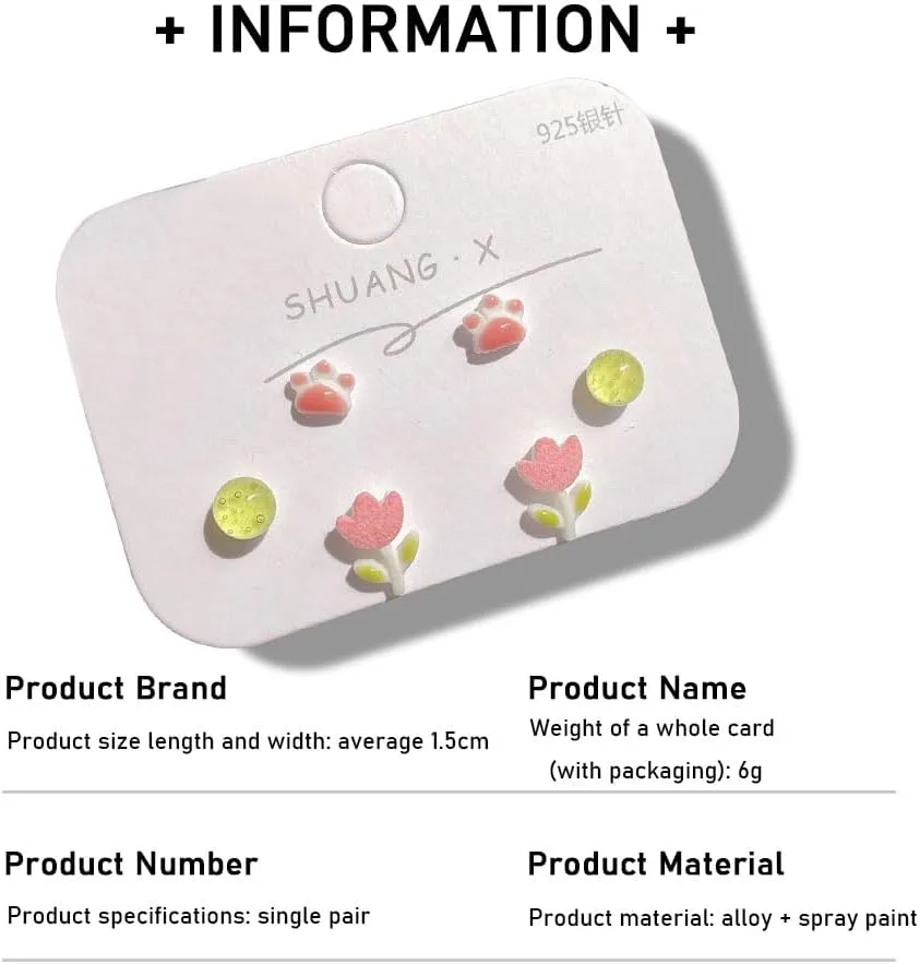 3 Pairs Exquisite Ceramic Resin Studs Set Rabbit Carrot Watermelon Earring Cute Cat's Paw Tulip Windmill Acorn Mushroom Earrings Opal Summer Fresh Stud for Women