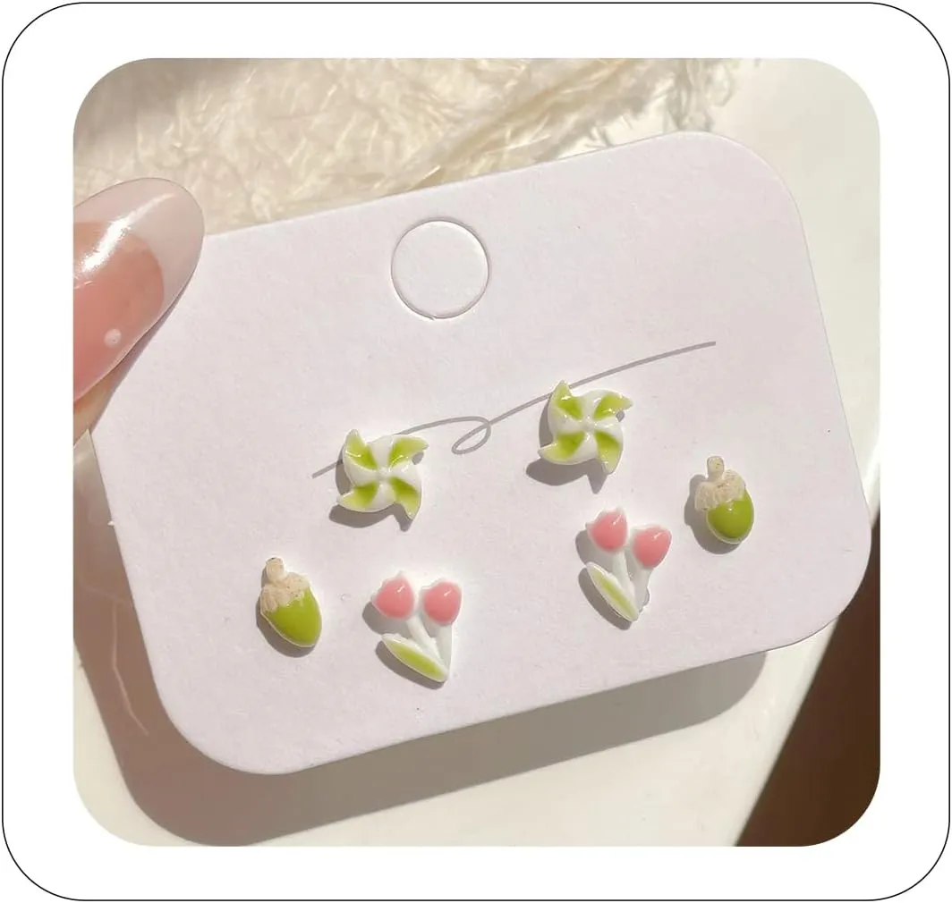 3 Pairs Exquisite Ceramic Resin Studs Set Rabbit Carrot Watermelon Earring Cute Cat's Paw Tulip Windmill Acorn Mushroom Earrings Opal Summer Fresh Stud for Women