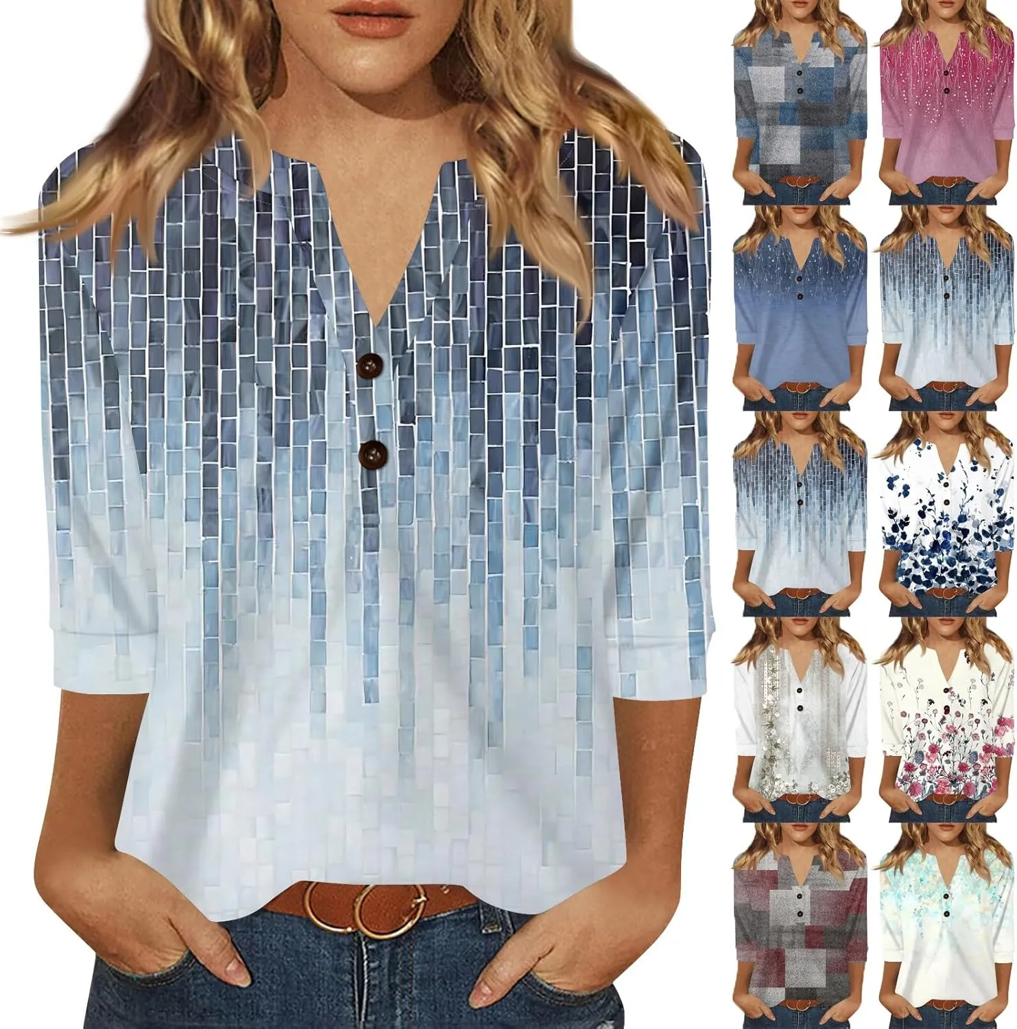3/4 Length Sleeve Womens Tops 2025 Summer Basic Tees Button Down V Neck Tunics T Shirts Floral Print Casual Blouses