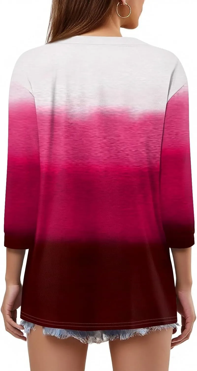 3/4 Length Sleeve Womens Tops 2025 Summer Basic Tees Button Down V Neck Tunics T Shirts Floral Print Casual Blouses