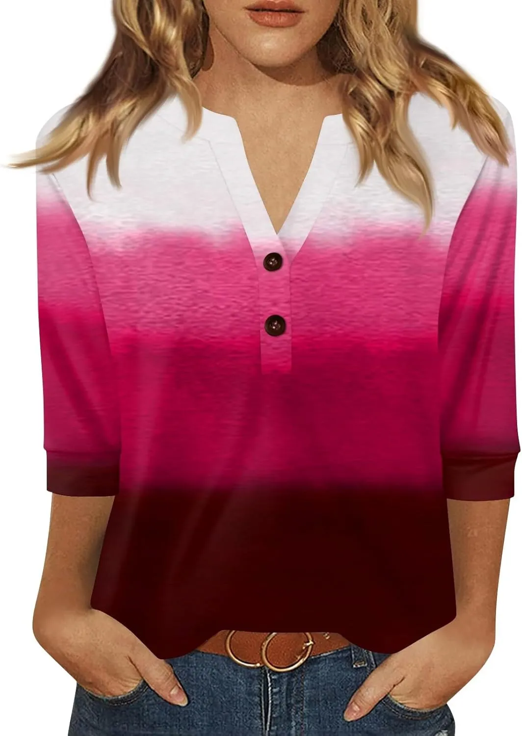 3/4 Length Sleeve Womens Tops 2025 Summer Basic Tees Button Down V Neck Tunics T Shirts Floral Print Casual Blouses