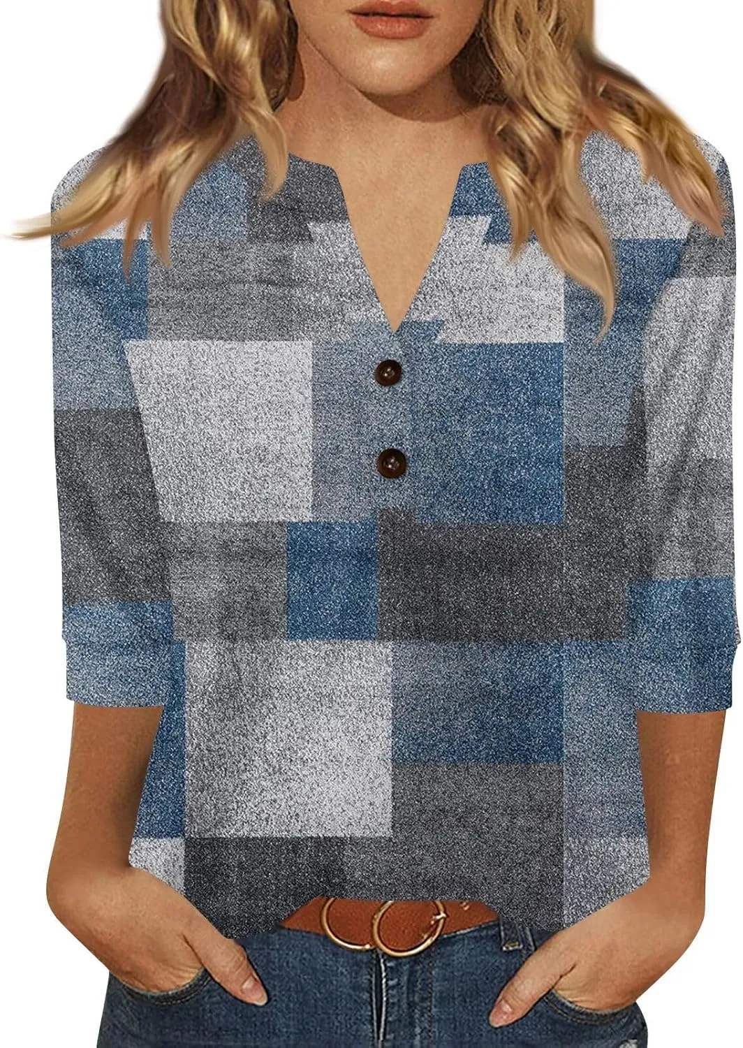 3/4 Length Sleeve Womens Tops 2025 Summer Basic Tees Button Down V Neck Tunics T Shirts Floral Print Casual Blouses