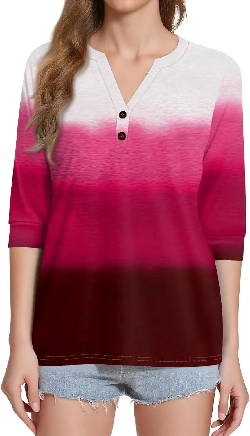 3/4 Length Sleeve Womens Tops 2025 Summer Basic Tees Button Down V Neck Tunics T Shirts Floral Print Casual Blouses