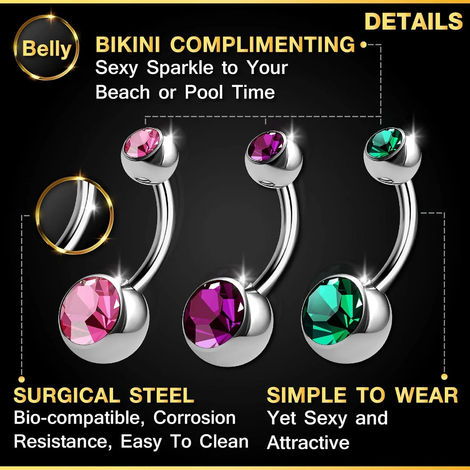 3PCS 316L Surgical Steel Short Belly Button Rings Studs 14 Gauge 1/4 6mm Rose Amethyst Shallow Navel Jewelry Choose Colors